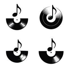 Four Black and White Vinyl Record Designs with Musical Notes Half Circle and Full Circle Variations Graphic Elements for Music Branding and Design Projects