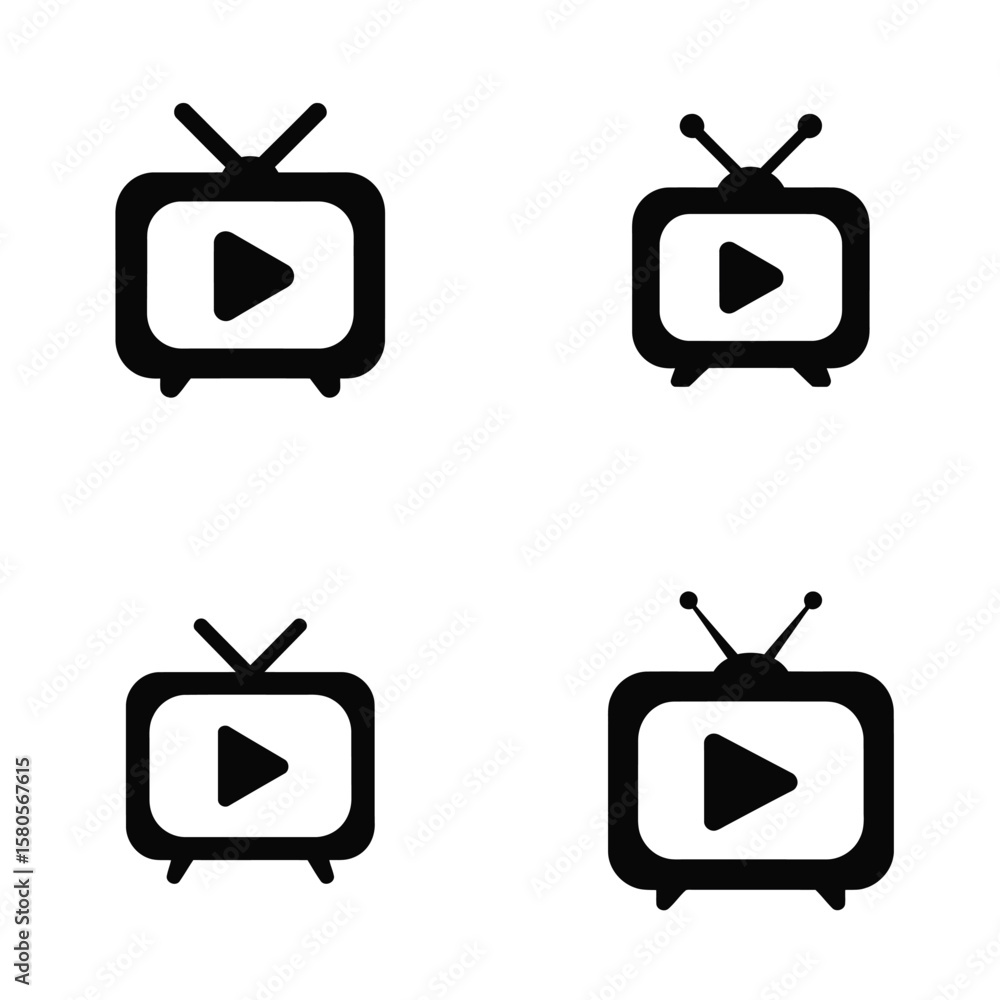 Poster four black retro television icons with play button centered on white background simple flat design t