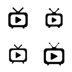 Four Black Retro Television Icons with Play Button Centered on White Background Simple Flat Design Television Set Symbols Media Player Streaming Video Broadcast Concept