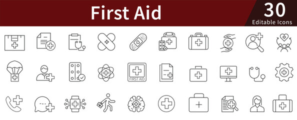 First Aid Line Icons Set with Editable Stroke for Medical Emergency, Healthcare, Safety, and Treatment Equipment