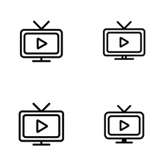 Four Black Outline Icons of Retro Television Sets Displaying Play Button Symbol on White Background Simple Television Icons Pack 22