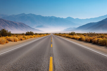 Fototapeta premium Expansive highway stretches through arid landscape with mountains and clear blue sky in background