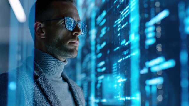 cyber detective investigating a digital crime scene on transparent screen walls, code fragments floating in air, low light tech environment