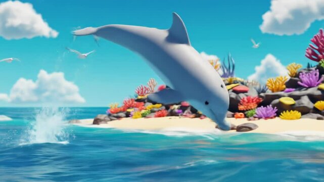 A playful dolphin leaps from the turquoise waves, with soaring seabirds above, a sandy shore, and a colorful coral reef in the distance