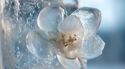 delicate flower frozen in clear ice block, visible frost patterns and bubbles, cinematic backlight, macro shot