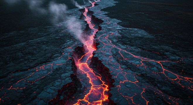 Molten lava flows through a fissure in volcanic terrain, emitting smoke.