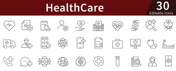 Healthcare Medical Line Icons Set with Editable Stroke for Hospital, Doctor, Medicine, and Health Management