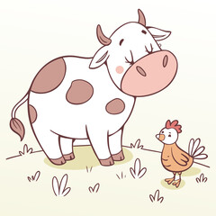 Obraz premium A cow and a chicken in a grassy field on a light background vector clipart