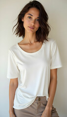 Woman Posing in a White T-shirt and Tan Pants Against a Neutral Wall