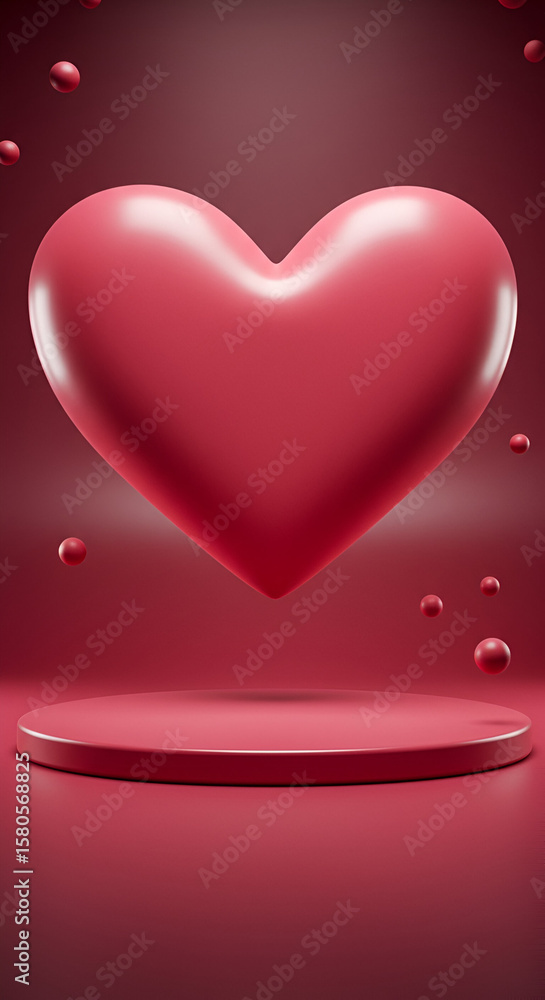 Poster pink heart-shaped object with a display pedestal in a red studio setting. floating heart with scatte
