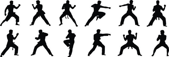 Martial Arts Silhouettes Vector Collection, Karate and Taekwondo Fighting Poses, Self-Defense Clipart, Black and White Combat Design Artwork