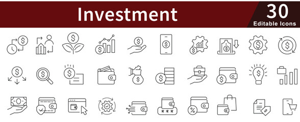 Investment Finance Line Icons Set with Editable Stroke for Business, Money, Trading, and Financial Management