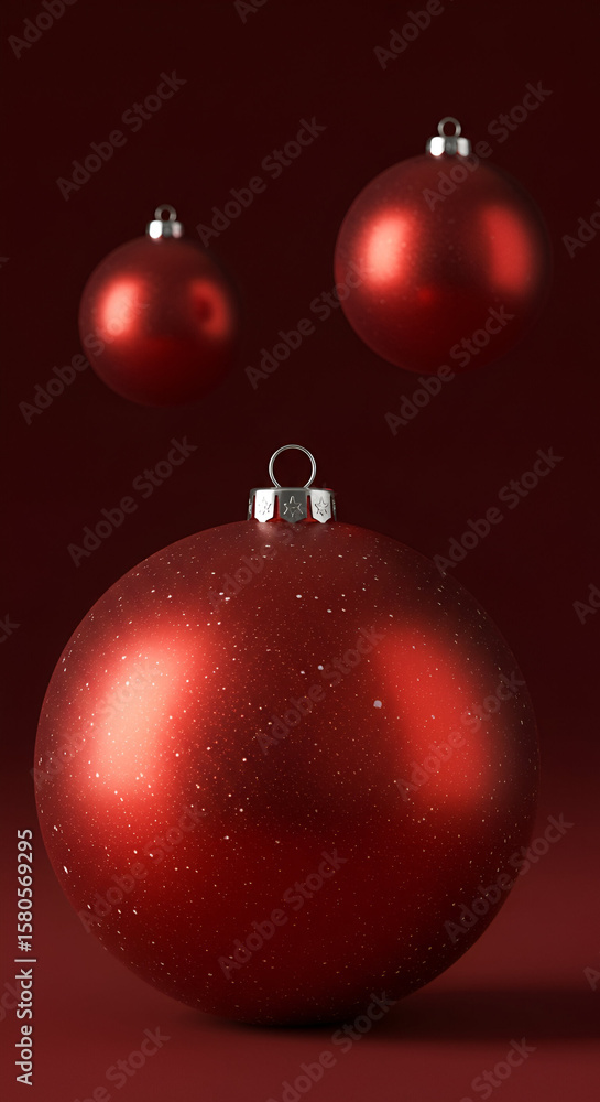 Poster red christmas ornament with a speckled texture in a simple studio setting. three ornaments suspended