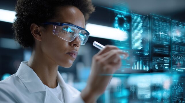 female lab technician examining test tubes in advanced research lab with digital charts floating in air, glowing blue surfaces and sterile environment