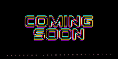 COMING SOON RGB glitch phrase. Neon distorted word in cyber interface style for teaser, launch promo or upcoming event screen. Vector illustration.