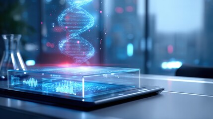 futuristic holographic science interface hovering above lab desk, glowing data charts, DNA helix projection, blue ambient light, no people