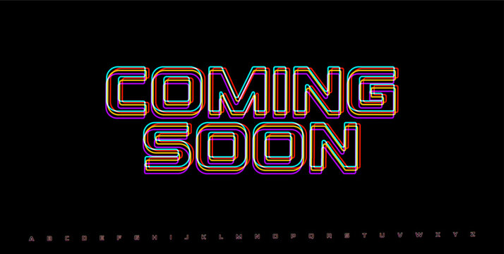 COMING SOON RGB glitch phrase. Neon distorted word in cyber interface style for teaser, launch promo or upcoming event screen. Vector illustration.