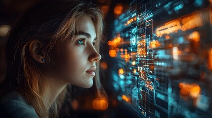 Woman gazing at futuristic business technology interface