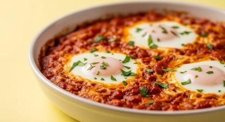 Shakshuka eggs in tomato sauce dish