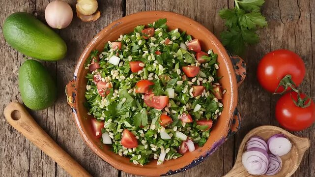 A vibrant Middle Eastern salad in a rustic bowl with fresh ingredients on a wooden surface