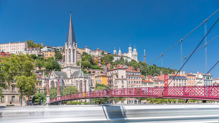 Timelapse hyperlapse of Saint George Church, Quais de Saone, and Fourviere Basilica from a...