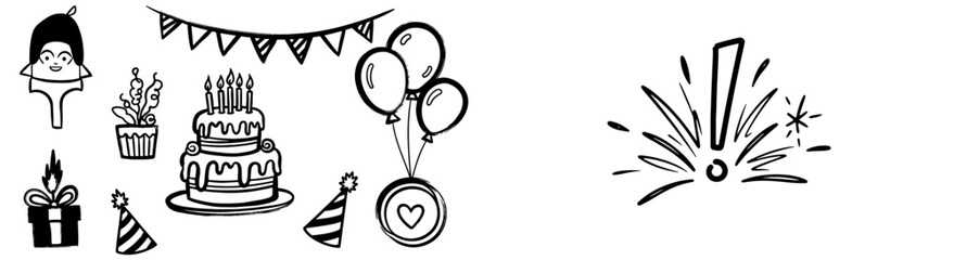 Birthday doodle icon element set. Hand drawn sketch doodle birthday party cake, balloons, gift event decoration element. Party carnival celebration sketch concept. Vector illustration