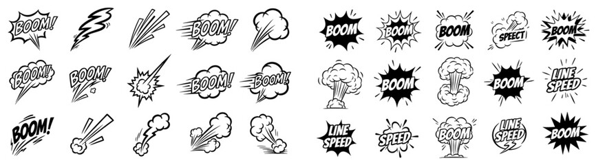Line speed cartoon effect, boom explosion motion line element set. Comic boom burst, explosive smoke, line speed cartoon vector icon. Hand drawn sketch doodle action effects. Vector illustration