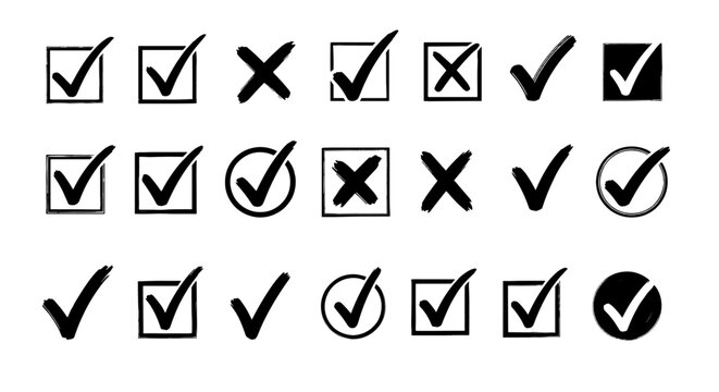 Check tick mark icon set. Cross box x check mark checkbox v list vector draw hand drawn sketch doodle brush marker checklist symbol wrong right circle. Vector Illustration