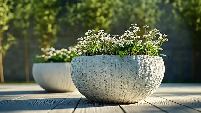 Two elegant planters filled with vibrant flowers on a wooden deck in a serene garden setting