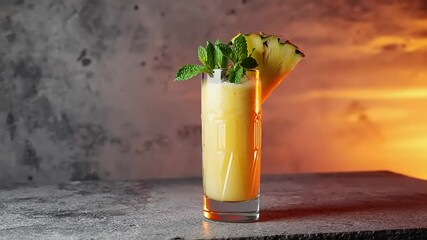 A tall, yellow cocktail in a glass, garnished with pineapple and mint, on a textured surface - Powered by Adobe