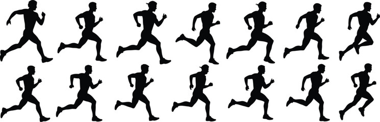 Running Silhouettes Vector Collection, Athletic Figures in Motion, Fitness Clipart, Sporty Poses, Black Illustration Artwork for Health and Wellness
