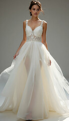 Woman in Wedding Dress Posing Gracefully in Studio Lighting