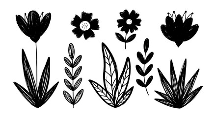 Flower brush hand drawn vector set. Hand drawn doodle flower, floral leaf elements in brush stroke ink style. Simple abstract botanical silhouette set for nature black paint art. Vector illustration