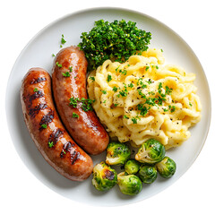plate of one sausage with spaetzle and brussels sprouts isolated on a white background