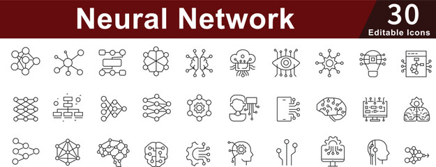 Neural Network Line Icons: Artificial Intelligence, Machine Learning and Brain Technology