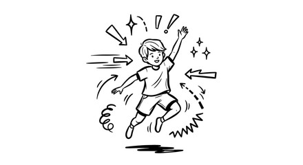 Fototapeta premium Line speed cartoon effect, boy jump celebration line element set. Comic boom burst, explosive smoke, line speed cartoon vector icon. Hand drawn sketch doodle action effect. Vector illustration