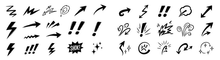Line marker hand drawn doodle brush sketch element set. Comic pencil stroke vector graphic pen underline scribble icon. Hand drawn line lightning, star, shock symbol shape. Vector illustration