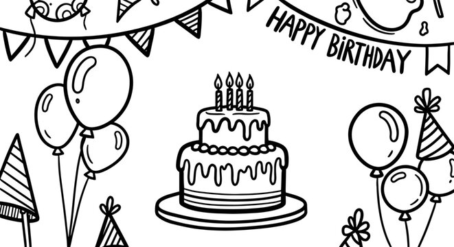Happy birthday sketch doodle icon element set. Hand drawn sketch cake, balloon, party decoration element. Holiday, carnival celebration concept background. Vector illustration.
