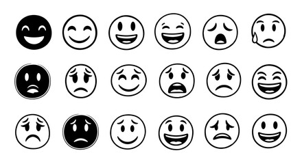 Smile face emotion expression icon set. Hand drawn sketch doodle happy, sad, angry, surprised emoji. Fun cartoon cute smiley, cry, laugh symbol graphic element vector illustration.