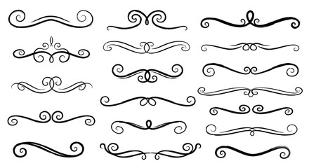 Obraz premium Swirl ornament divider brush frame calligraphy set. Hand drawn flourish divider, underline, curl shape banner and frame decoration set. Flourish decoration, swoosh swirl ornament. Vector illustration