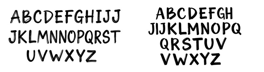 Brush letter hand drawn vector alphabet set. Hand drawn doodle letter, alphabet character in brush stroke ink style. Simple abstract abc silhouette set for font black paint art. Vector illustration