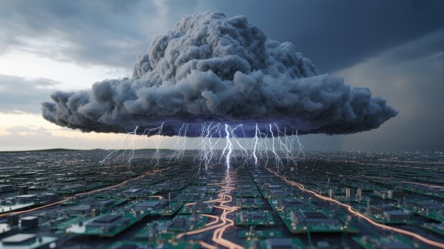 A massive storm cloud unleashes lightning over a sprawling circuit-board cityscape, blending nature's fury with technological complexity.