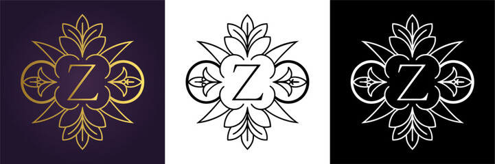 Luxury floral letter Z logo design in gold black and white versions  
