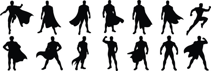 Superhero Silhouette Collection, Dynamic Action Poses, Heroic Stances, Flowing Capes, Vector Illustration, Black and White, Comic Book Style Art