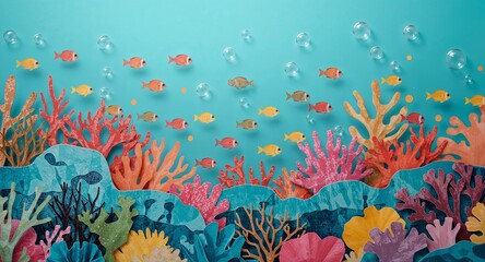 Paper crafted underwater scene with colorful coral reefs and many small fish swimming around bubbles