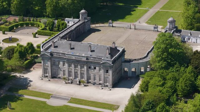 ch&acirc;teau seneffe visitors shades building surrounding parks contribute to charm from left right circles aerial drone view of de belgium enjoying 