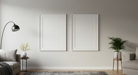 Two blank white frames on a minimalist wall. Mockup concept for interior design and art display. Scandinavian living room.