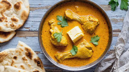 top view of butter chicken served with roti on table  