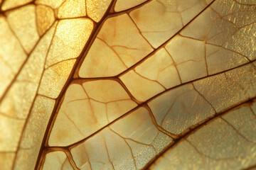 Close up showing intricate structure of insect wing with delicate translucent veins and golden hues, highlighting natural patterns and organic texture in extreme macro detail