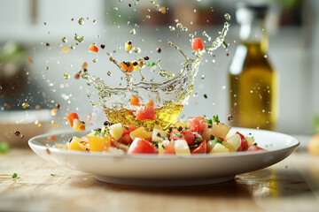 Vibrant mediterranean salad with olive oil splash in kitchen setting